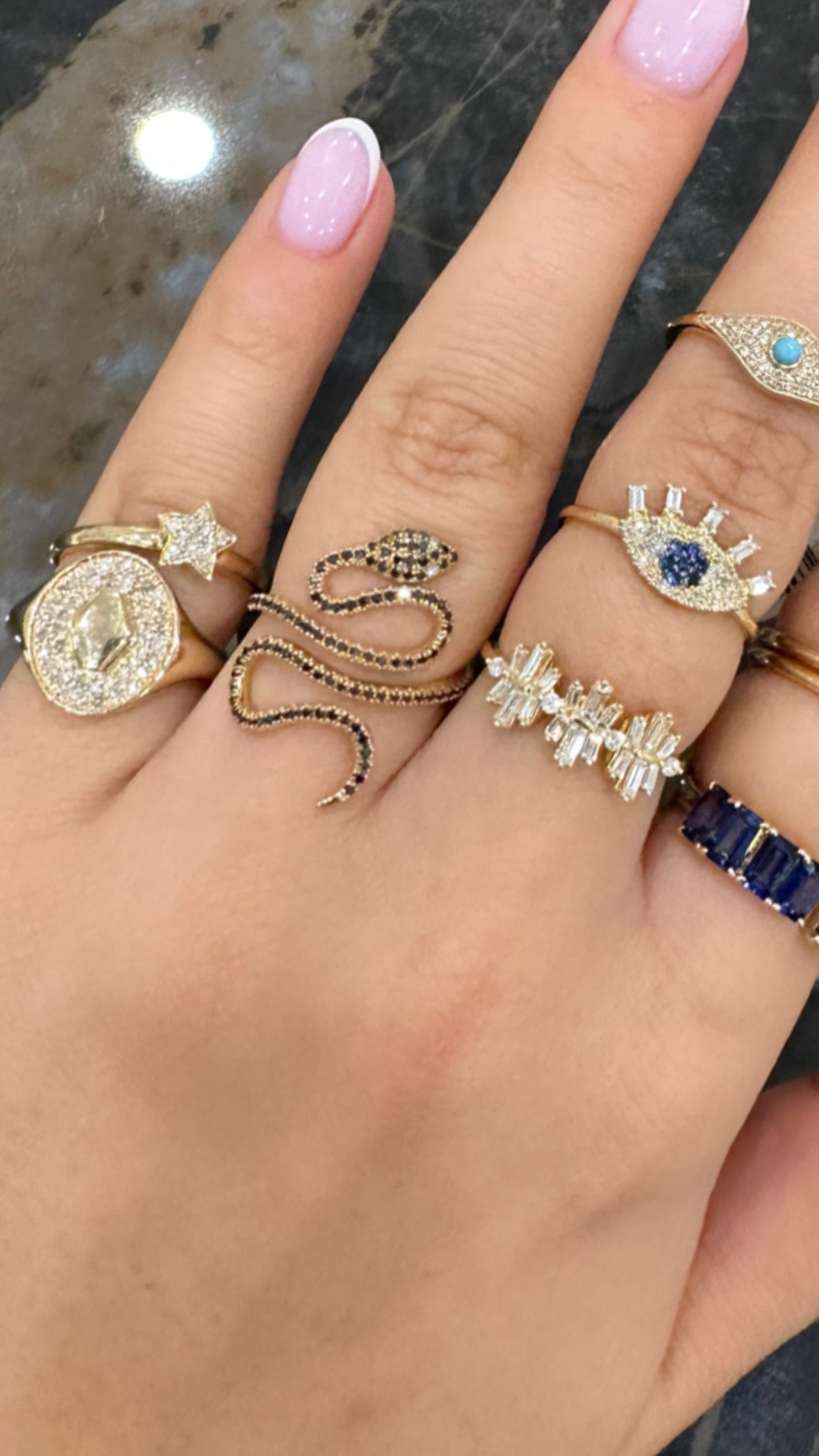 Natural Black Diamond Snake Ring in 14K Yellow Gold