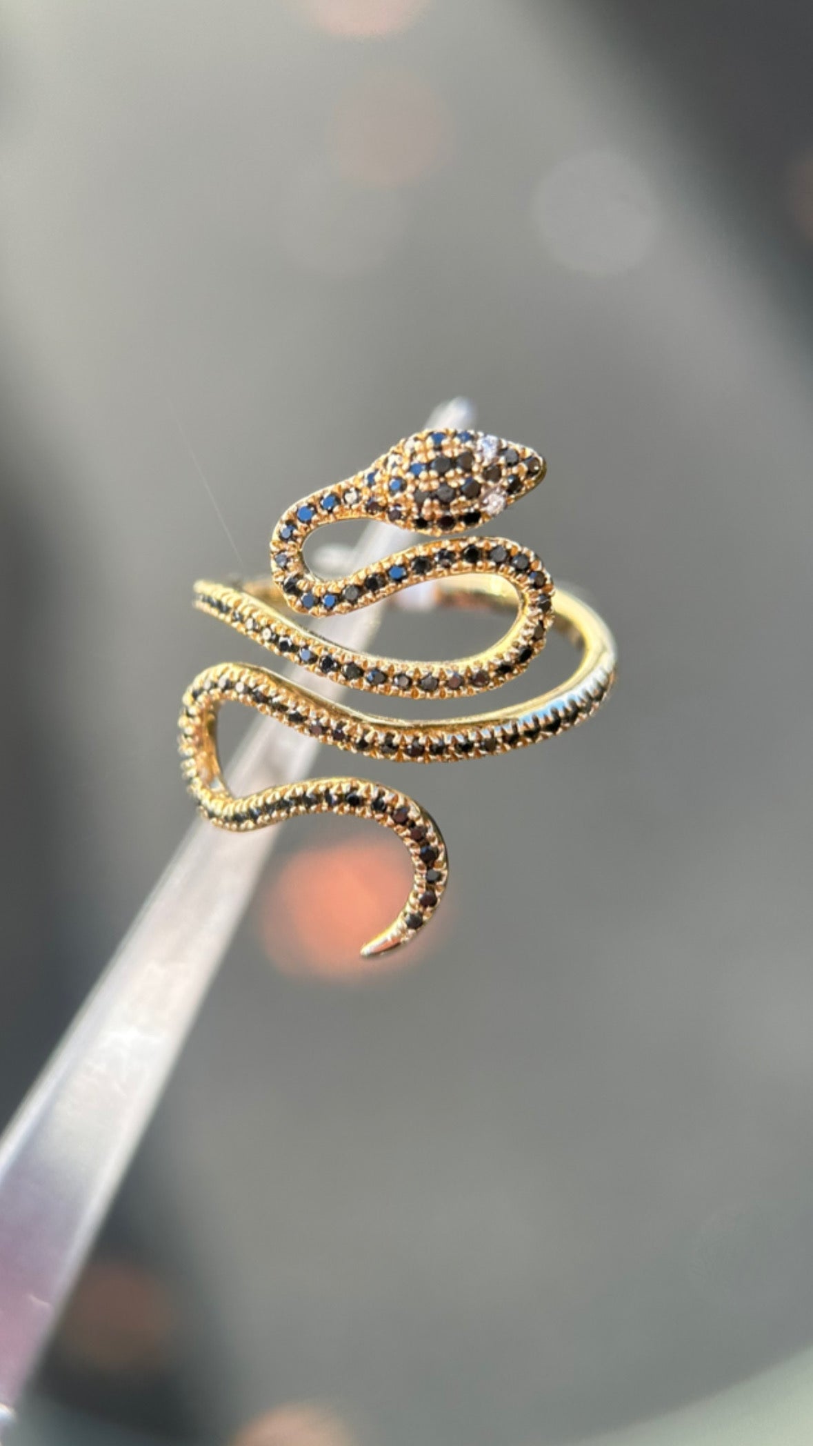 Natural Black Diamond Snake Ring in 14K Yellow Gold