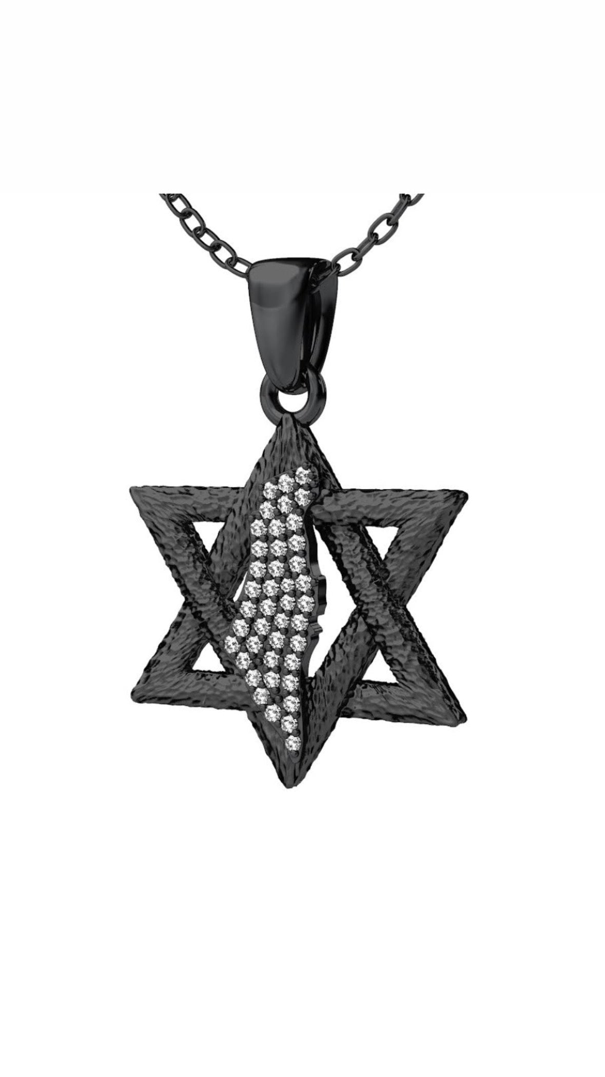 Diamond Encrusted Land of David Pendant in 14K Solid Gold- Antique Black Rhodium Finish (0.40ctw Approx.)