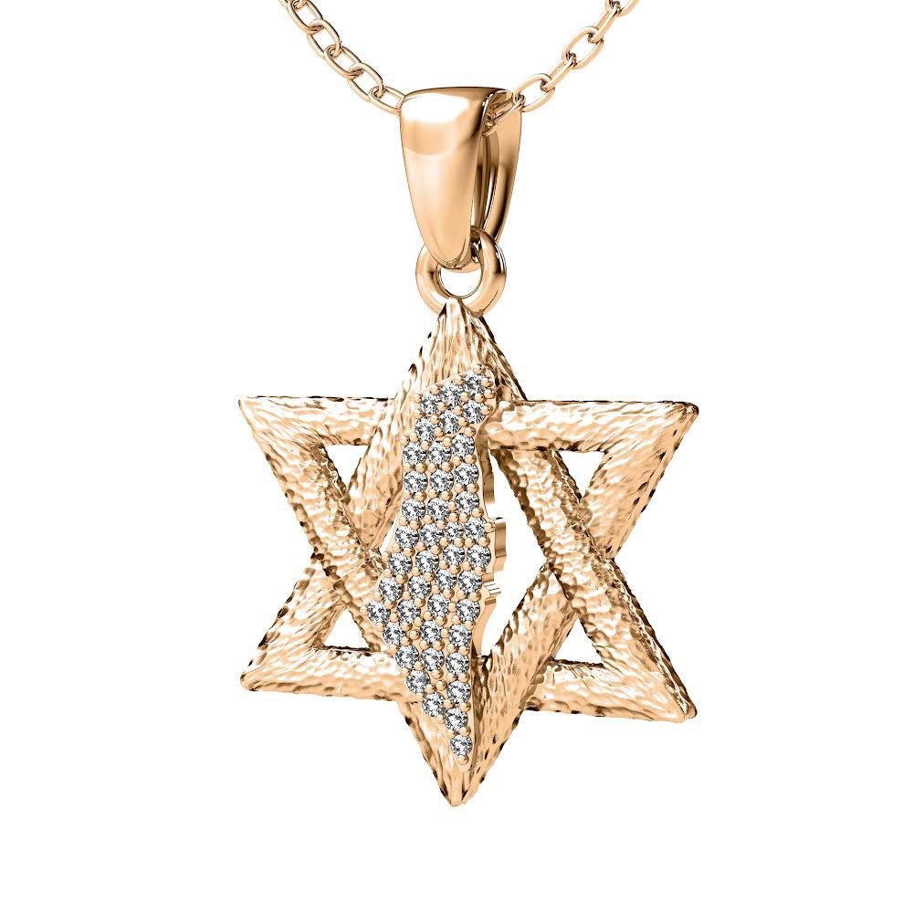 Diamond Encrusted Land of David Pendant in Solid 14K Rose Gold (0.40ctw Approx.)