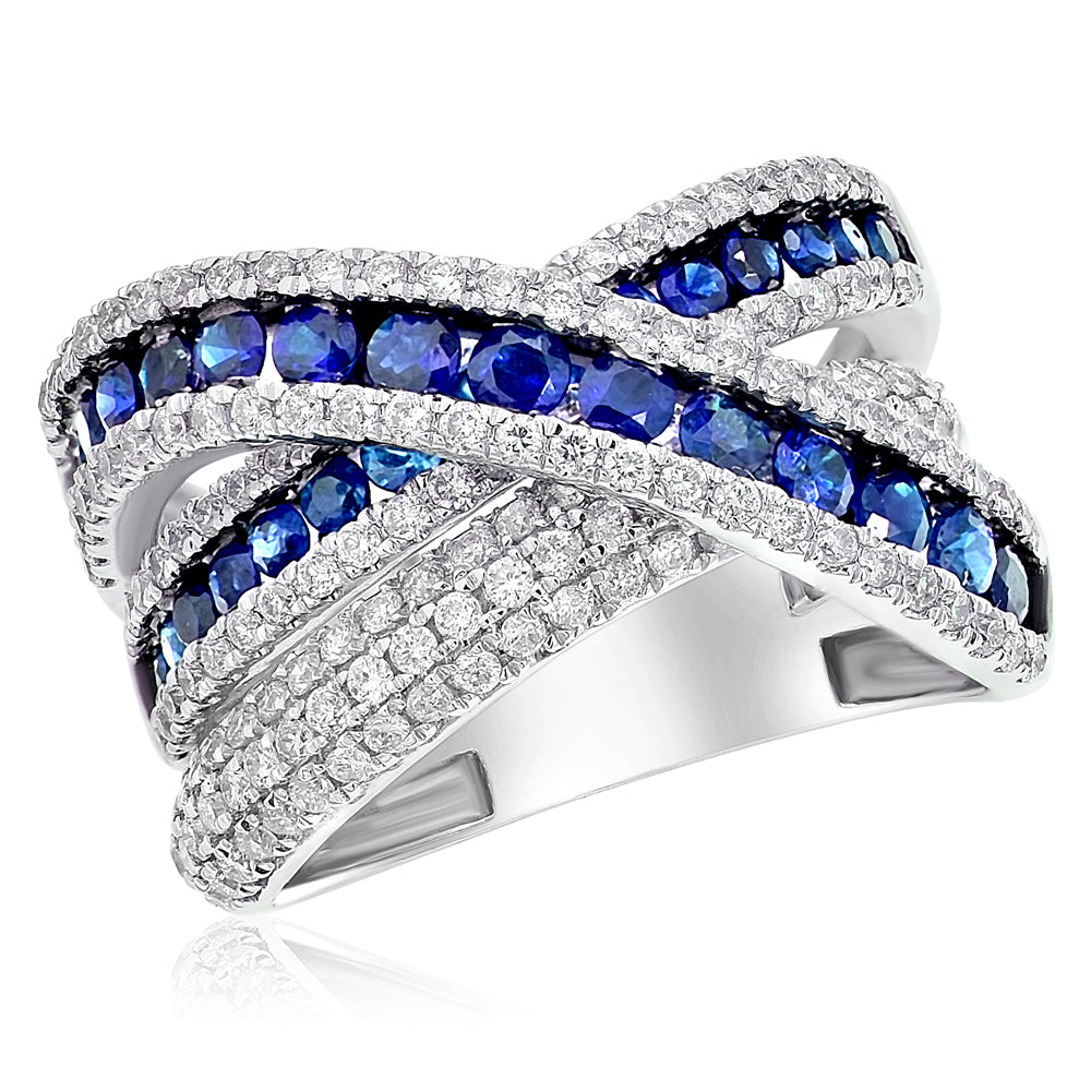 2.50ct Diamond and Sapphire Criss-Cross Fashion Ring in 14k White Gold