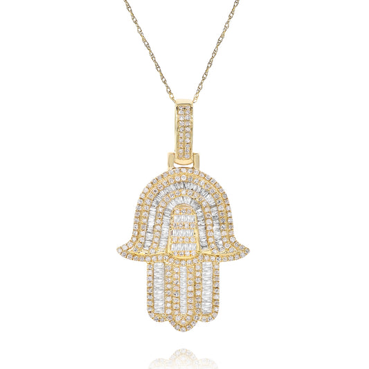 1.25ct Baguette and Round Diamond Hamsa in 14K Yellow Gold