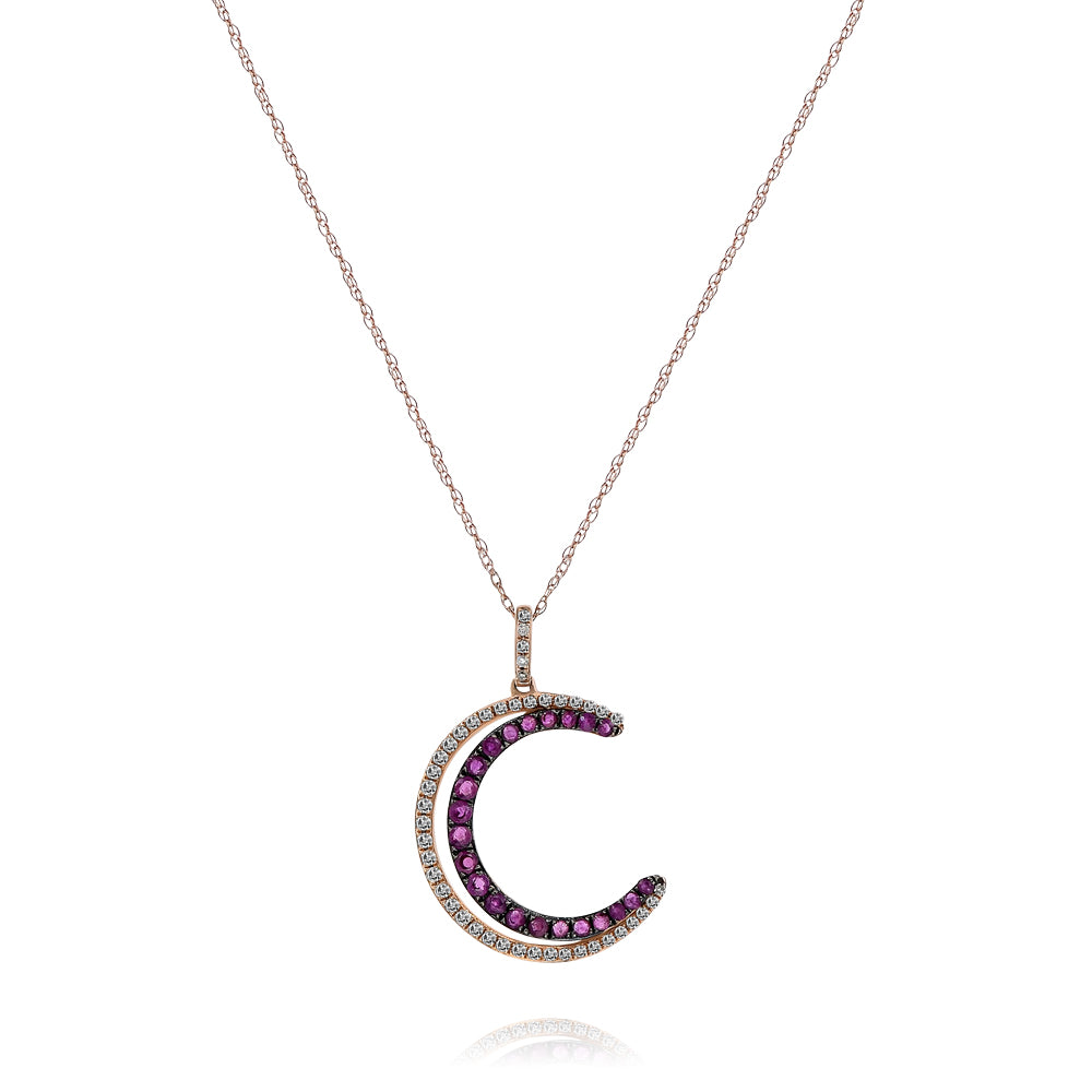 0.70ct Diamond and Ruby Crescent Pendant in 14K Rose Gold