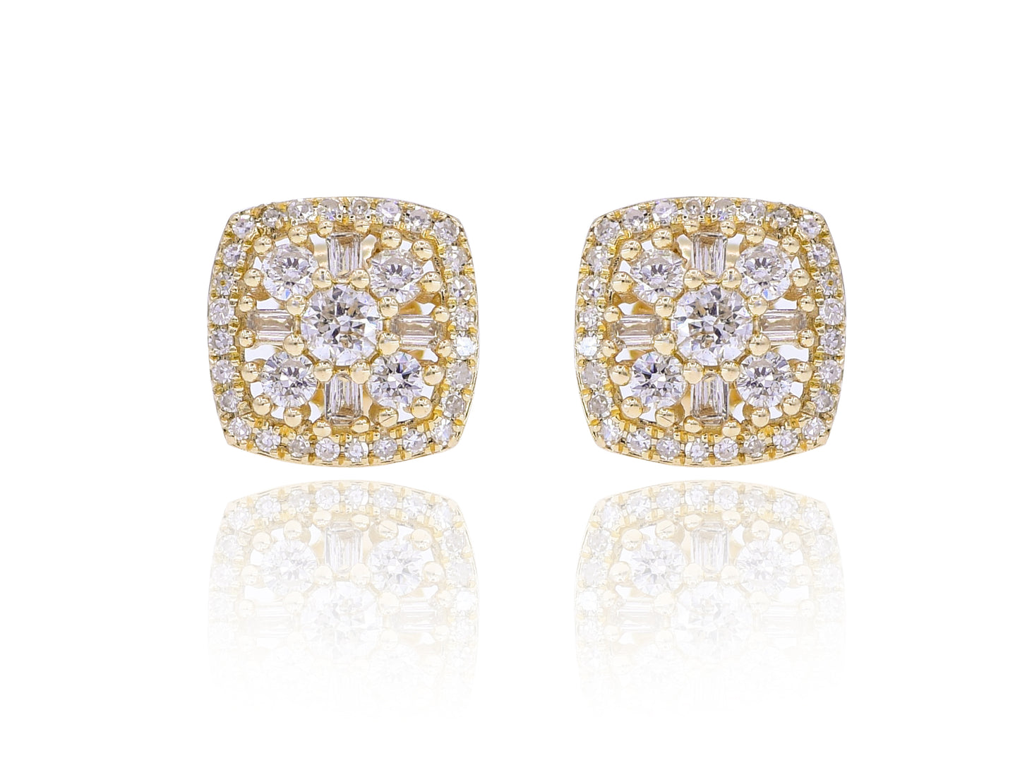 0.49ct Baguette And Round Diamond Cluster Studs in 14K Yellow Gold