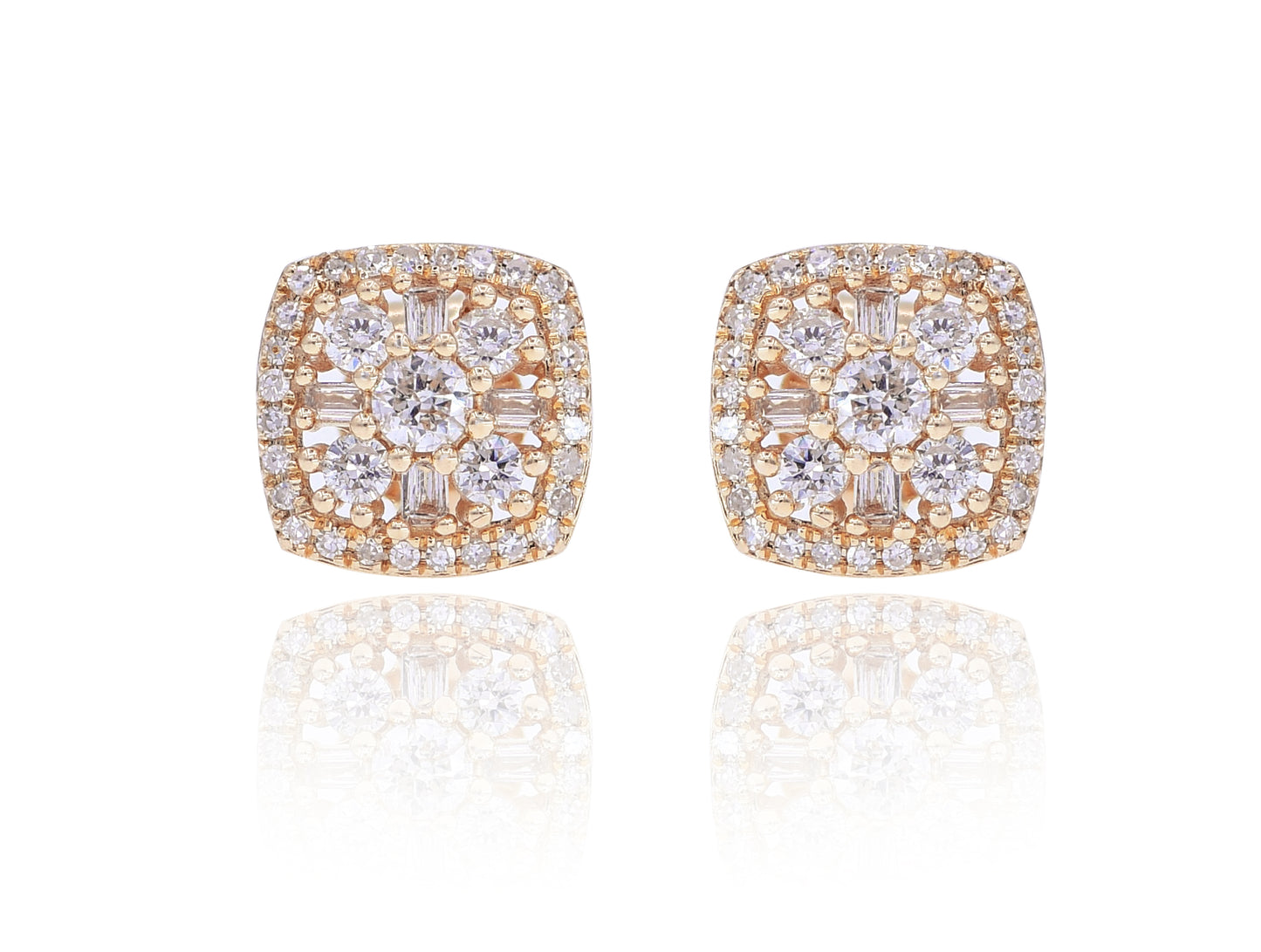 0.49ct Baguette And Round Diamond Cluster Studs in 14K Yellow Gold