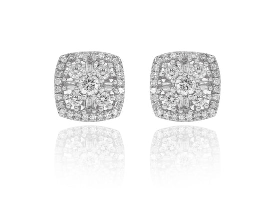 0.49ct Baguette And Round Diamond Cluster Studs in 14K White Gold